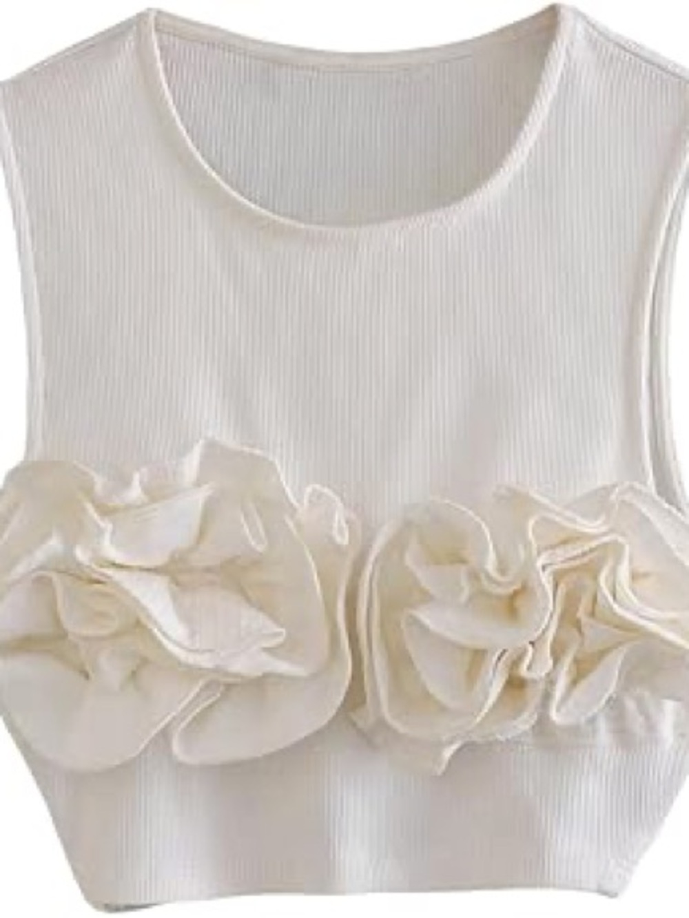 Zara Cream Floral Appliqué Ribbed Crop Tank